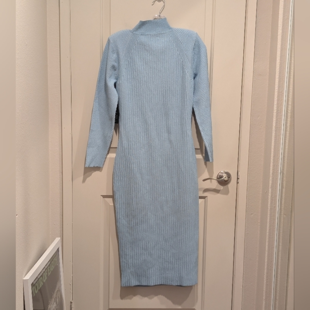 Retrofete Aylin Rib Knit Metallic Powder Blue Midi Dress Large